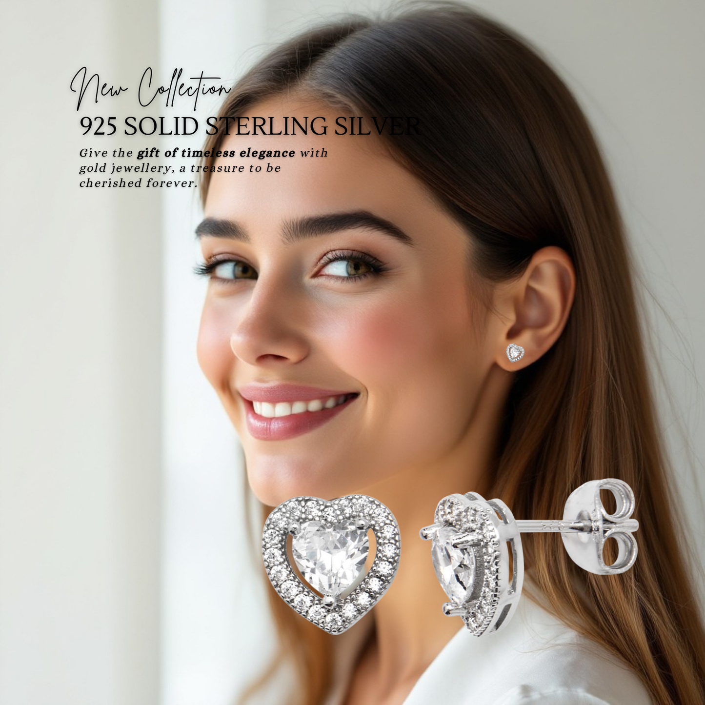 Sterling Silver Cubic Zirconia Rhodium Plated Halo Heart Stud Earrings