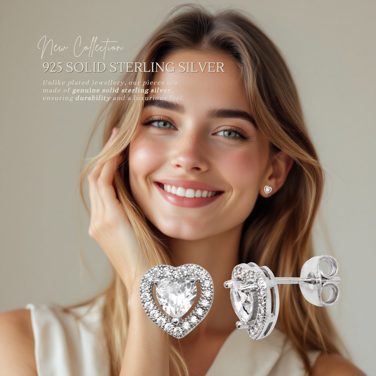 Sterling Silver Cubic Zirconia Rhodium Plated Halo Heart Stud Earrings