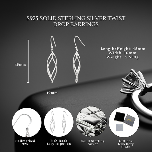 S925 Sterling Silver Elegant Twist Drop Hook Earrings for Women