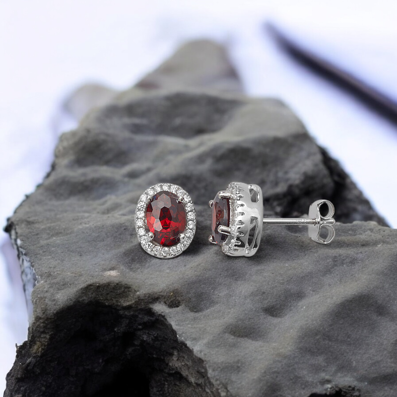 Sterling Silver Red Garnet Cubic Zirconia Halo Oval Stud Earrings