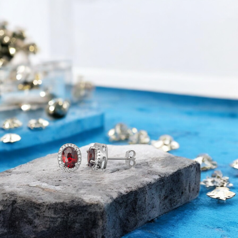 Sterling Silver Red Garnet Cubic Zirconia Halo Oval Stud Earrings