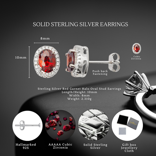Sterling Silver Red Garnet Cubic Zirconia Halo Oval Stud Earrings