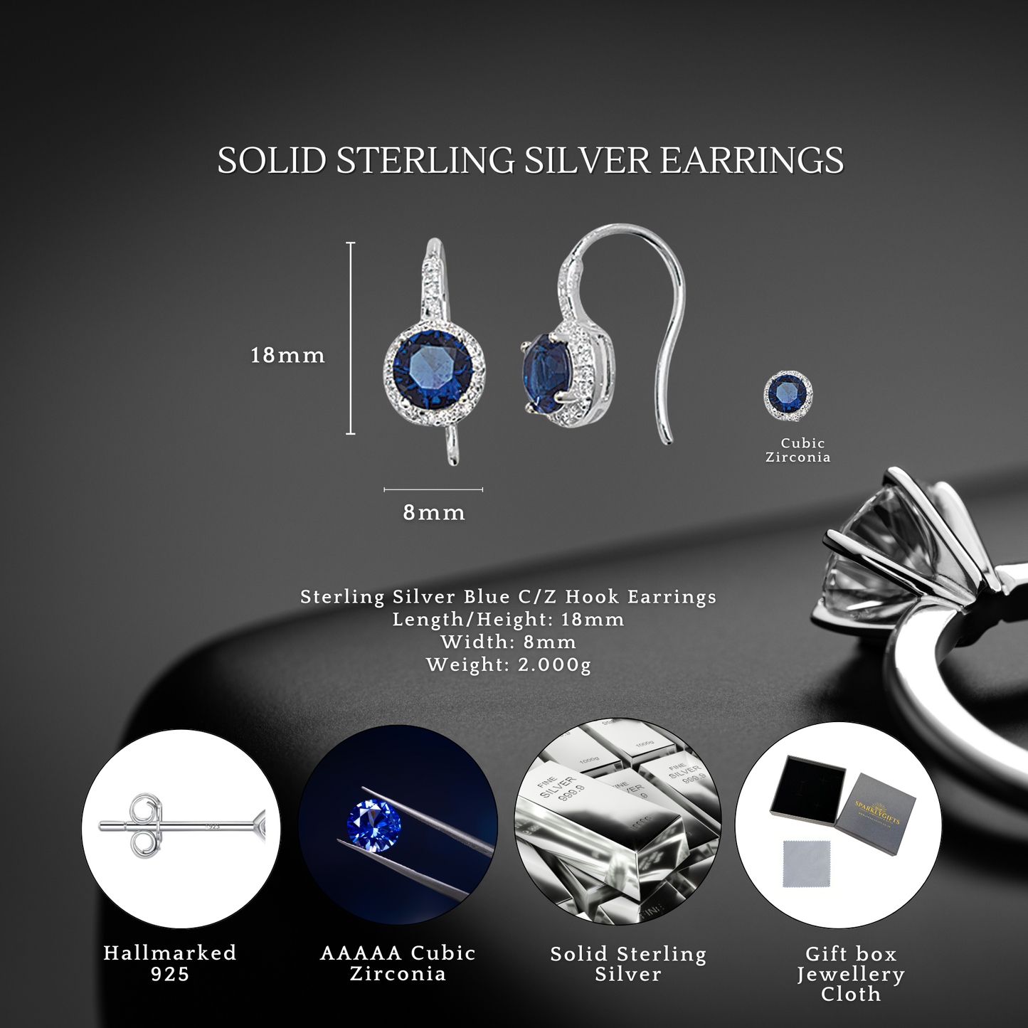 Sterling Silver Cubic Zirconia Sapphire Drop Hook Earrings