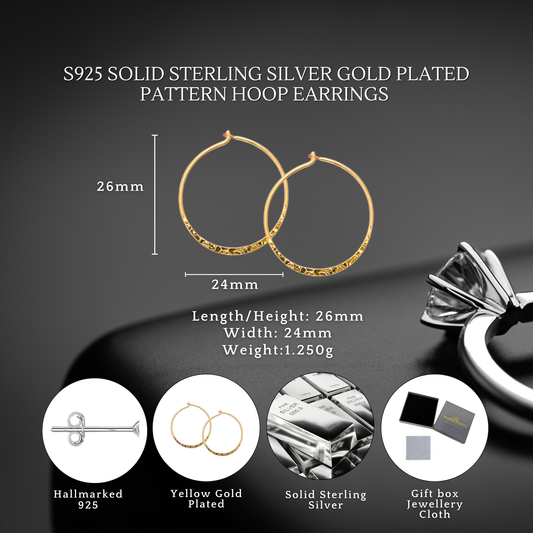 S925 Sterling Silver Elegant Gold Plated Pattern Hoop Earrings for Women