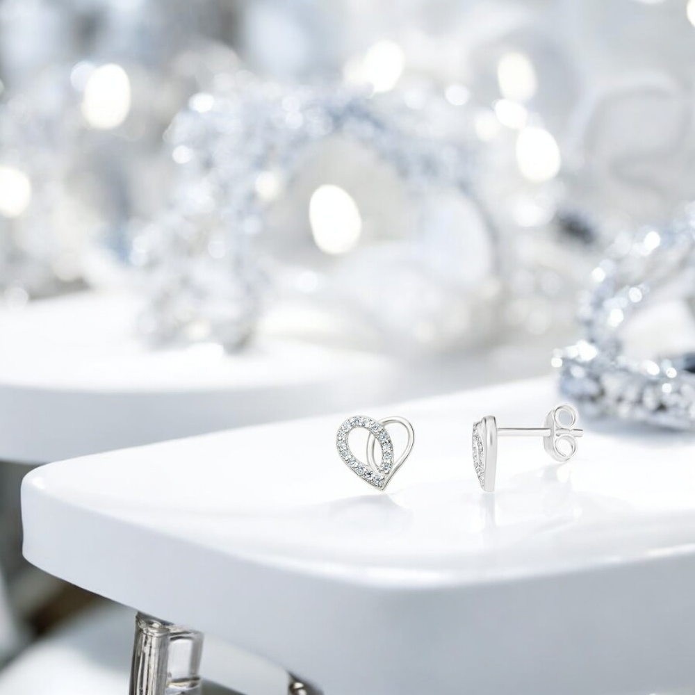 S925 Sterling Silver Cubic Zirconia 8mm x 8mm Heart Stud Earrings