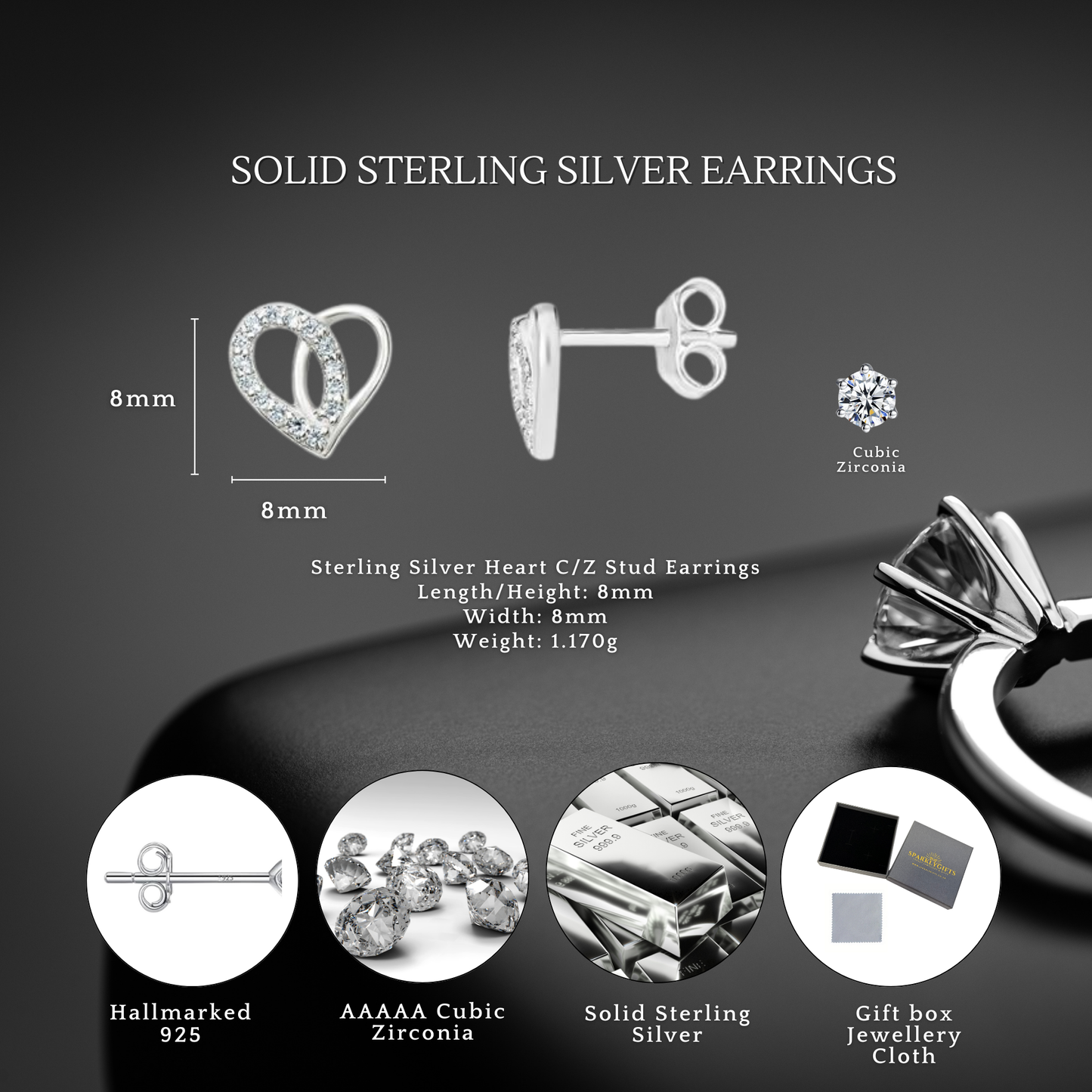 S925 Sterling Silver Cubic Zirconia 8mm x 8mm Heart Stud Earrings
