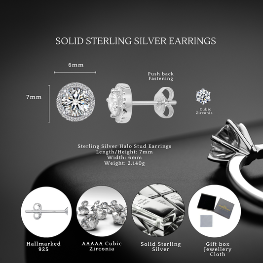 Sterling Silver Cubic Zirconia Rhodium Plated Classic 7mm x 6mm Halo Stud Earrings