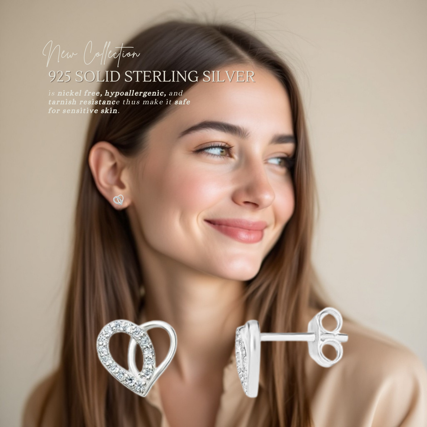 S925 Sterling Silver Cubic Zirconia 8mm x 8mm Heart Stud Earrings