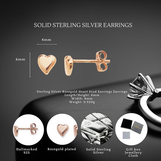 Sterling Silver Rose Gold Plated 6mm Heart Stud Earrings
