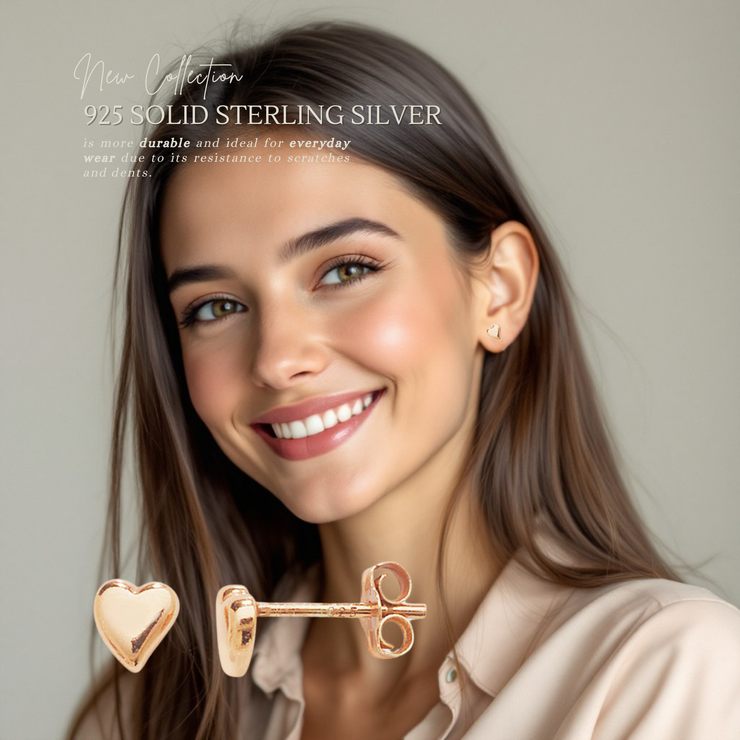 Sterling Silver Rose Gold Plated 6mm Heart Stud Earrings