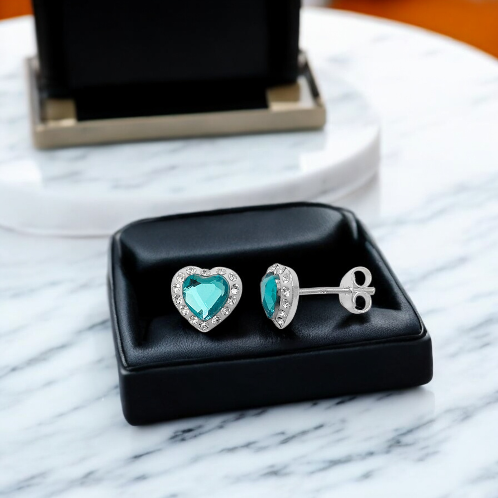 Sterling Silver Preciosa Crystal Aquamarine 9mm Heart Stud Earrings