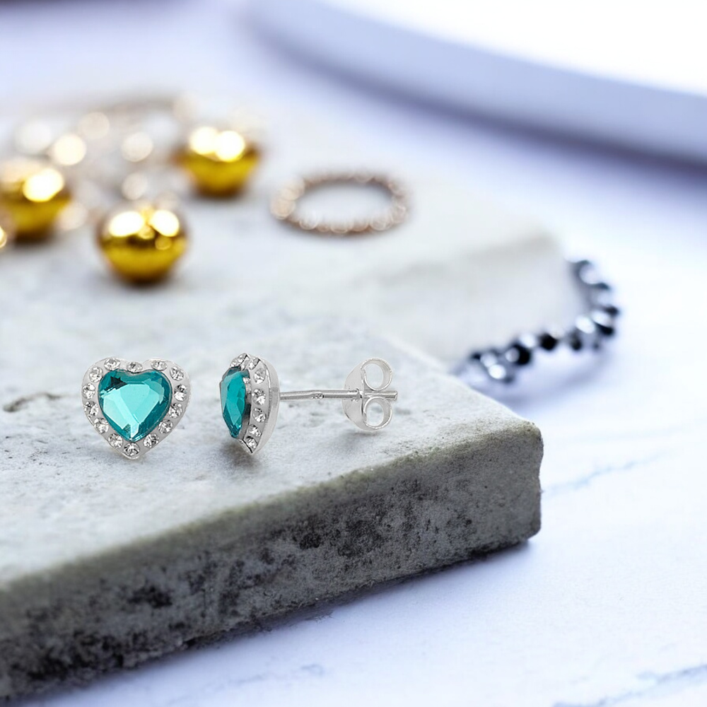 Sterling Silver Preciosa Crystal Aquamarine 9mm Heart Stud Earrings