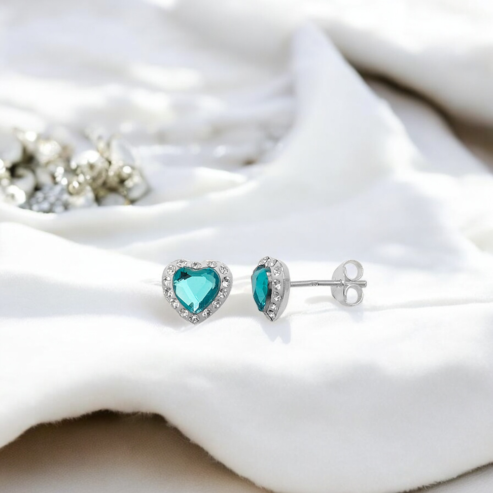 Sterling Silver Preciosa Crystal Aquamarine 9mm Heart Stud Earrings