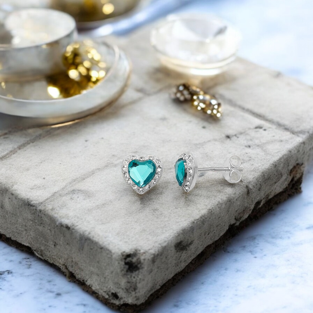 Sterling Silver Preciosa Crystal Aquamarine 9mm Heart Stud Earrings