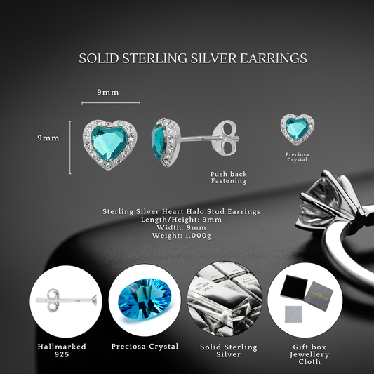 Sterling Silver Preciosa Crystal Aquamarine 9mm Heart Stud Earrings