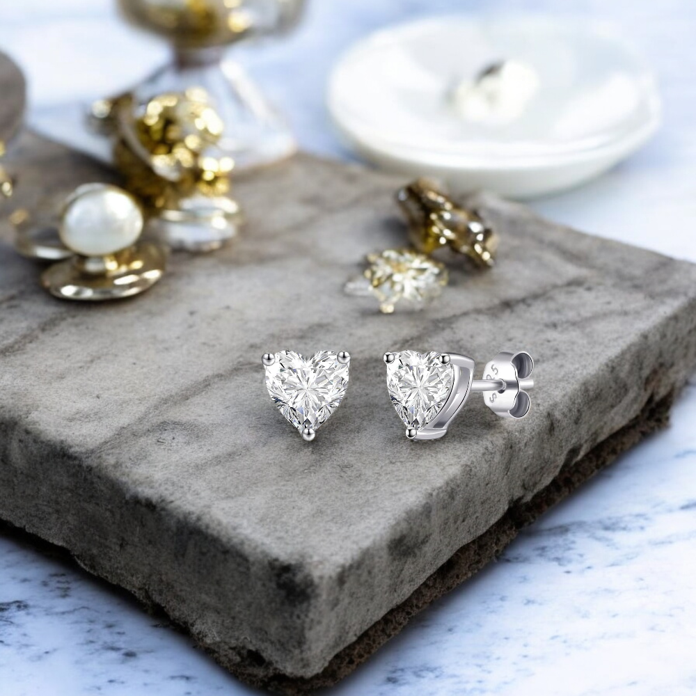 Sterling Silver Cubic Zirconia 6mm x 8mm Heart Stud Earrings