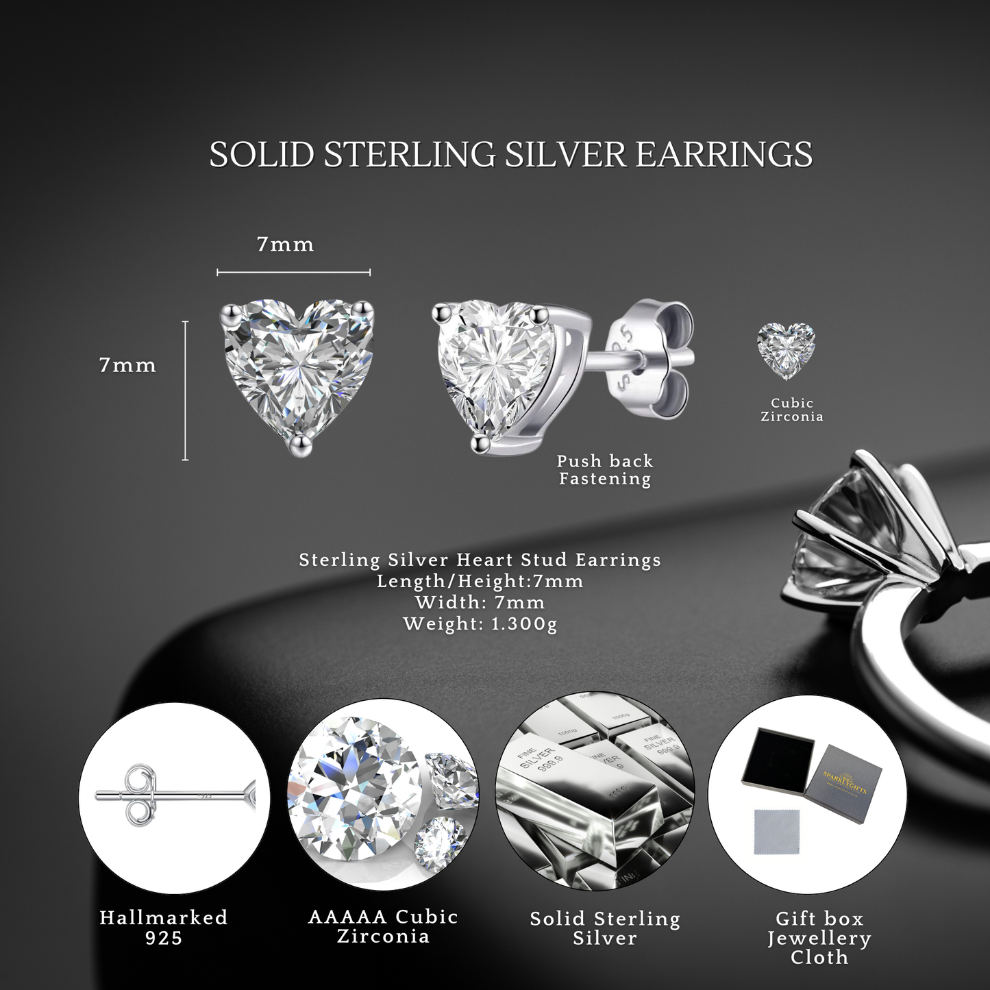 Sterling Silver Cubic Zirconia 6mm x 8mm Heart Stud Earrings