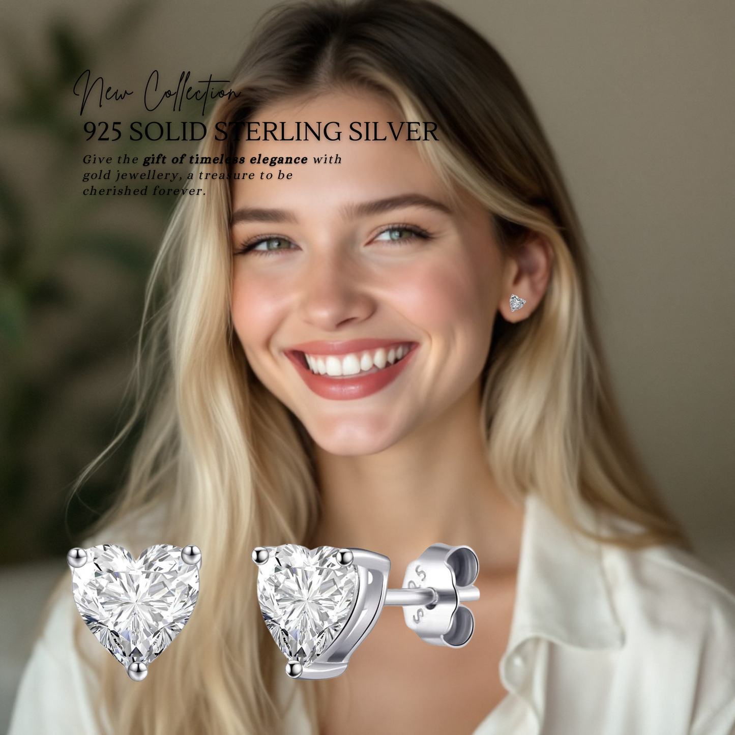 Sterling Silver Cubic Zirconia 6mm x 8mm Heart Stud Earrings