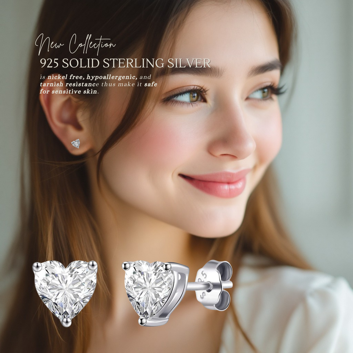 Sterling Silver Cubic Zirconia 6mm x 8mm Heart Stud Earrings