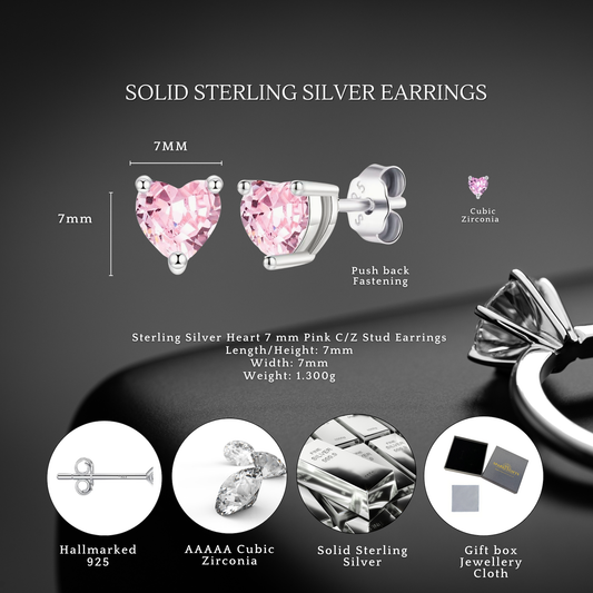 Sterling Silver Cubic Zirconia Pink 7mm x 7mm Heart Stud Earrings