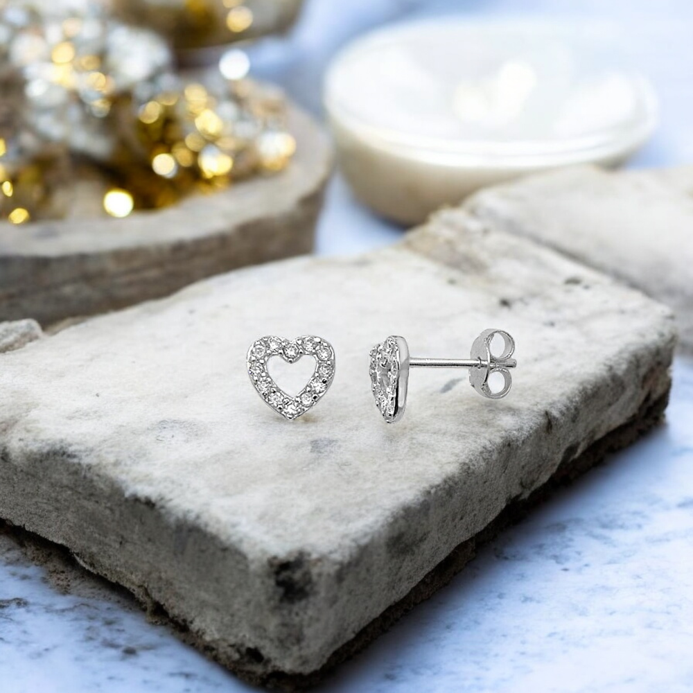 Sterling Silver Cubic Zirconia 7mm Heart Stud Earrings