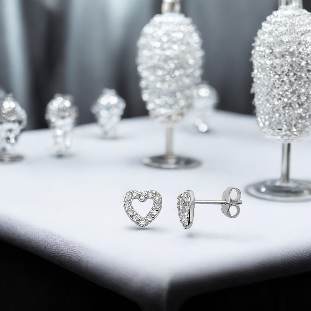 Sterling Silver Cubic Zirconia 7mm Heart Stud Earrings