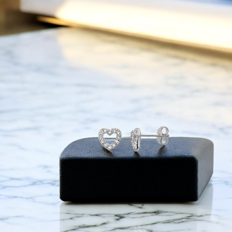 Sterling Silver Cubic Zirconia 7mm Heart Stud Earrings