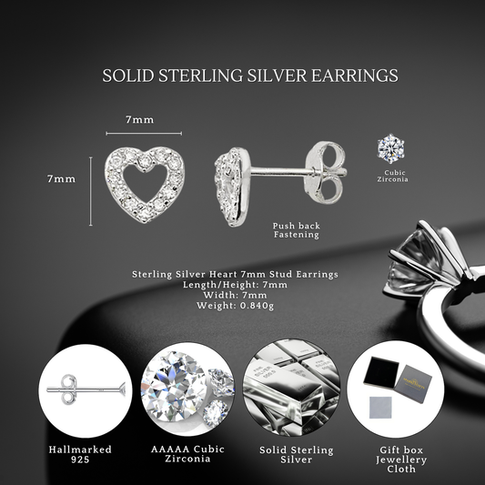 Sterling Silver Cubic Zirconia 7mm Heart Stud Earrings