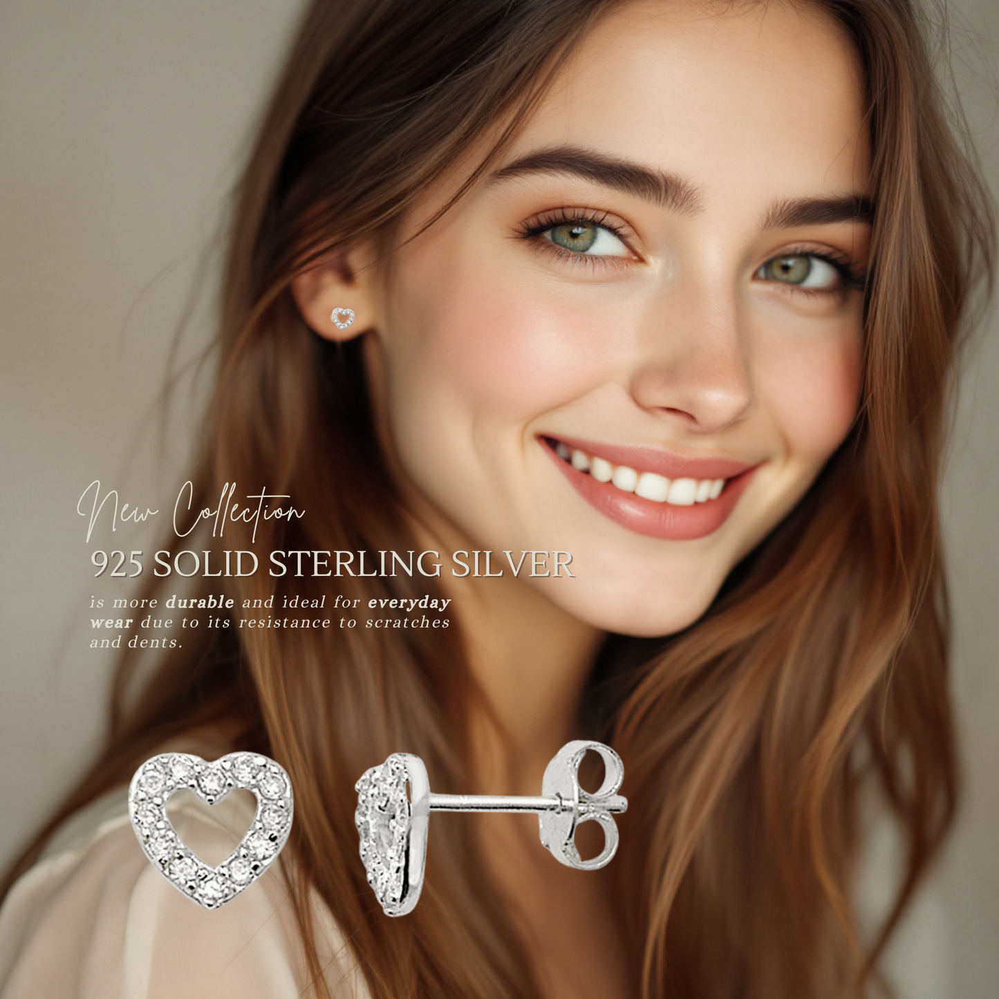 Sterling Silver Cubic Zirconia 7mm Heart Stud Earrings