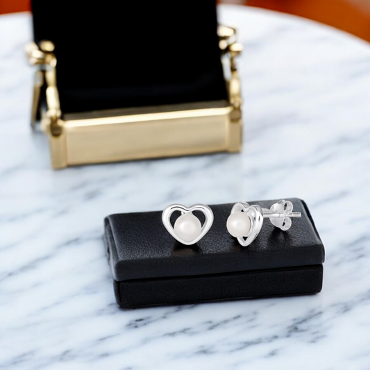 Sterling Silver 7mm x 9mm Heart Pearl Stud Earrings