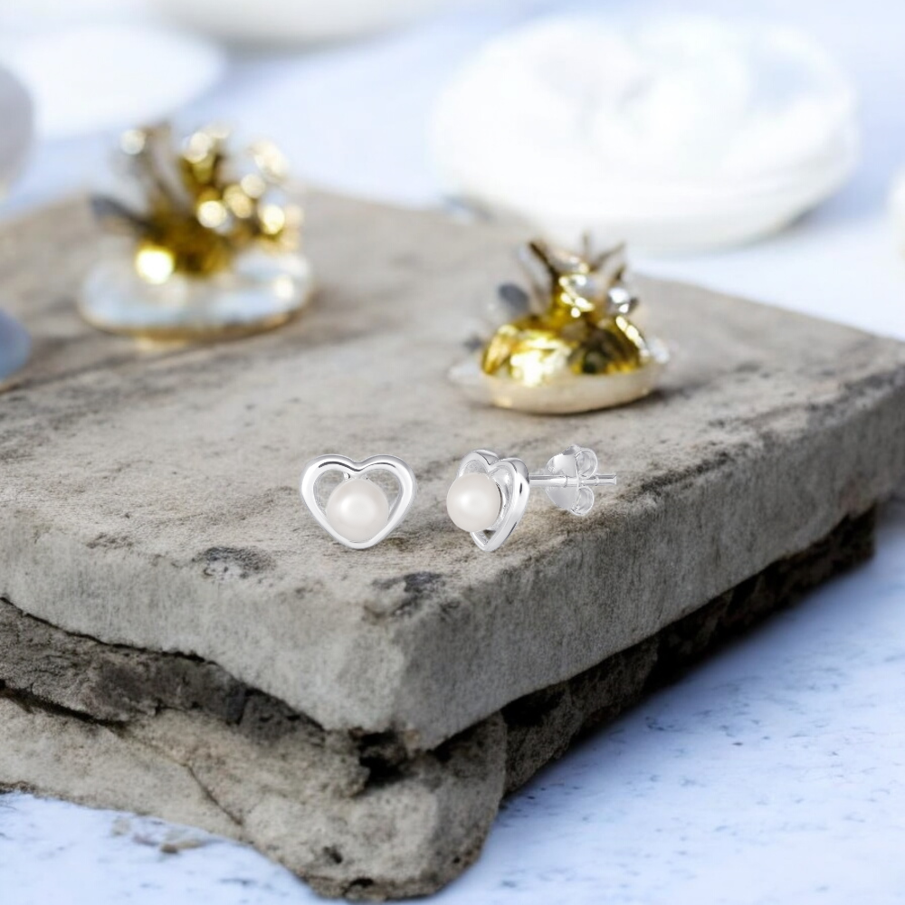 Sterling Silver 7mm x 9mm Heart Pearl Stud Earrings