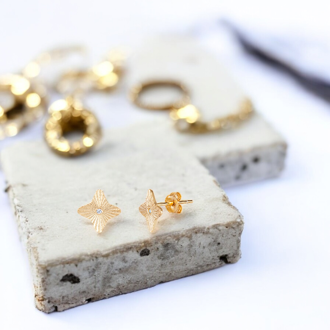 Sterling Silver Gold Plated Cubic Zirconia Star Stud Earrings