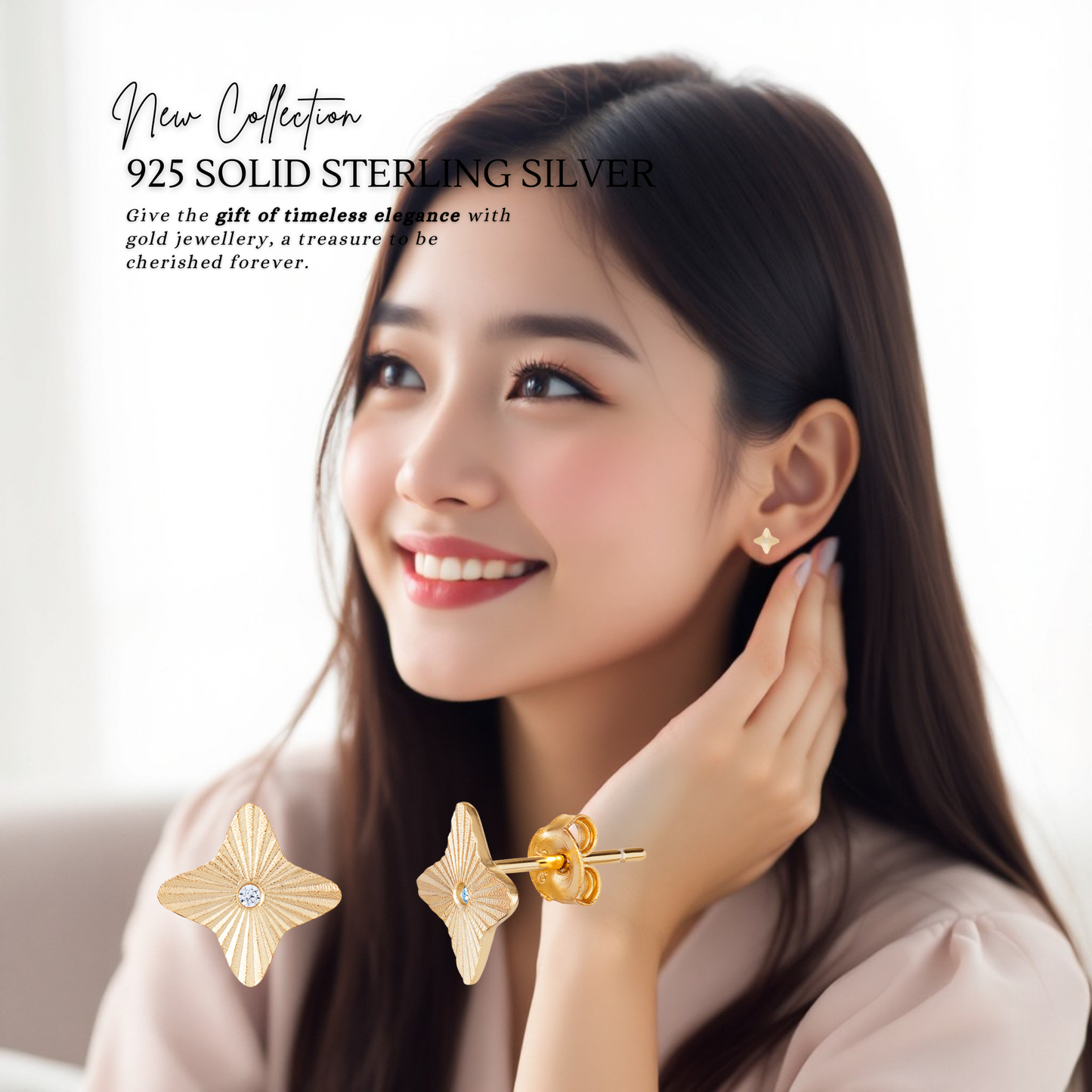 Sterling Silver Gold Plated Cubic Zirconia Star Stud Earrings