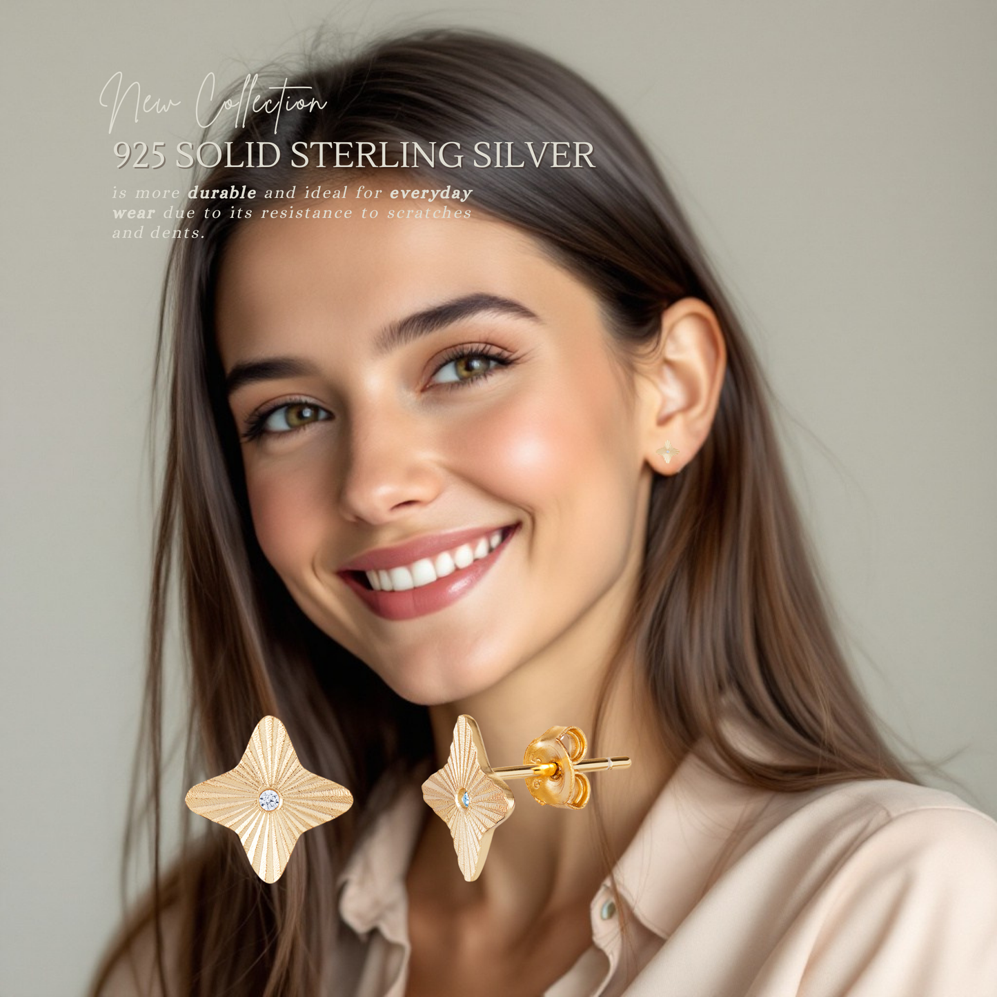 Sterling Silver Gold Plated Cubic Zirconia Star Stud Earrings