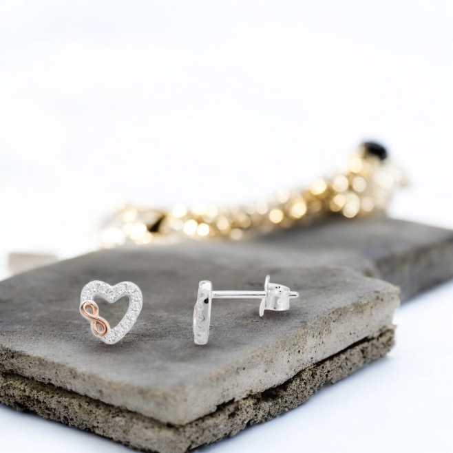 Sterling Silver Cubic Zirconia Two Tone Heart Affinity Stud Earrings