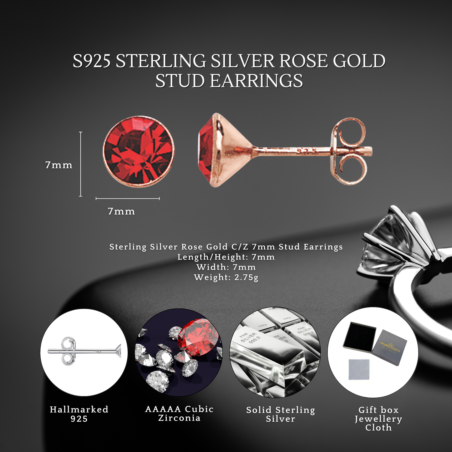 S925 Sterling Silver Ruby Sparkle Stud Earrings