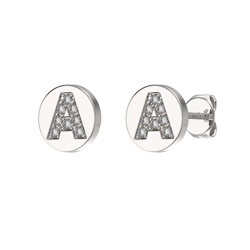 Sterling Silver CZ Initial Earrings A Studs