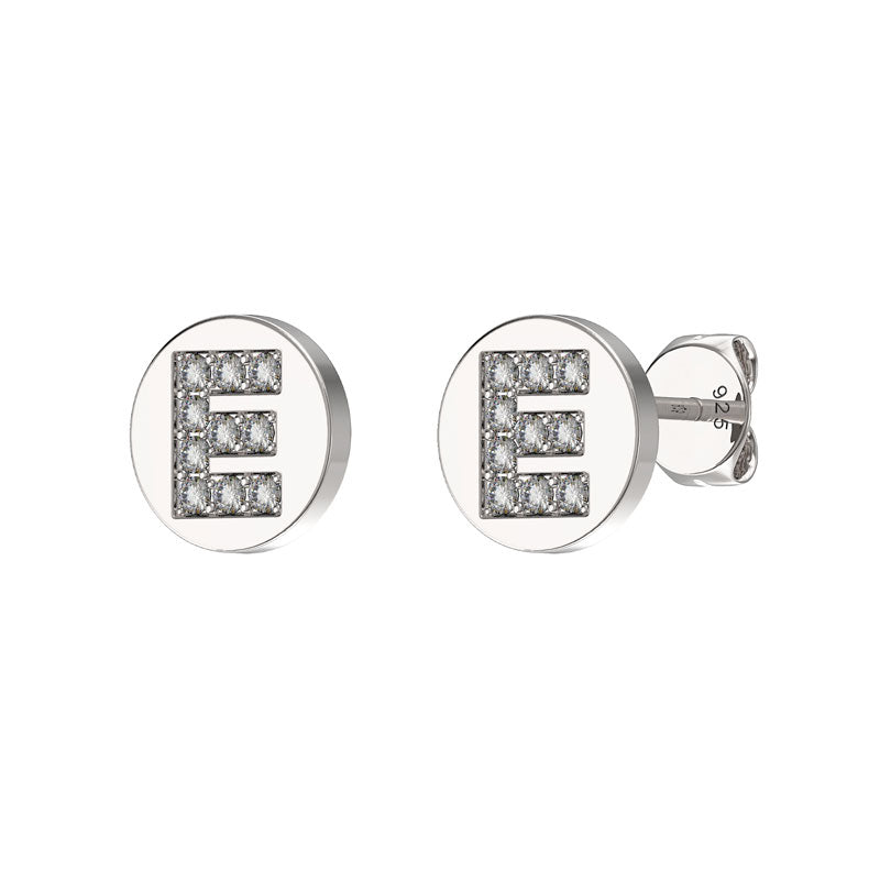 Sterling Silver CZ Crystal Initial Earrings E Studs