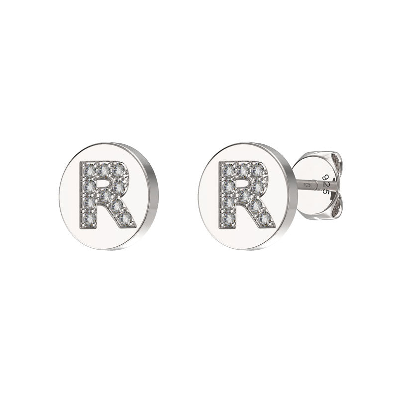 Sterling Silver CZ Crystal Initial Earrings R Studs