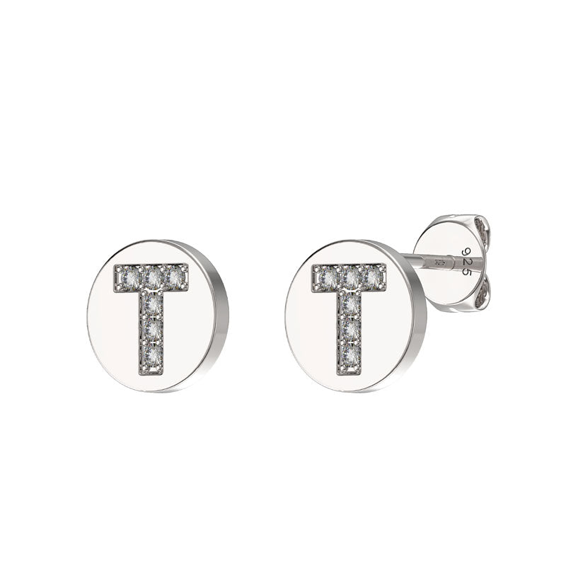 Sterling Silver CZ Crystal Initial Earrings T Studs