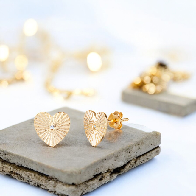Sterling Silver Gold Plated Cubic Zirconia Heart Necklace and Stud Earrings Set