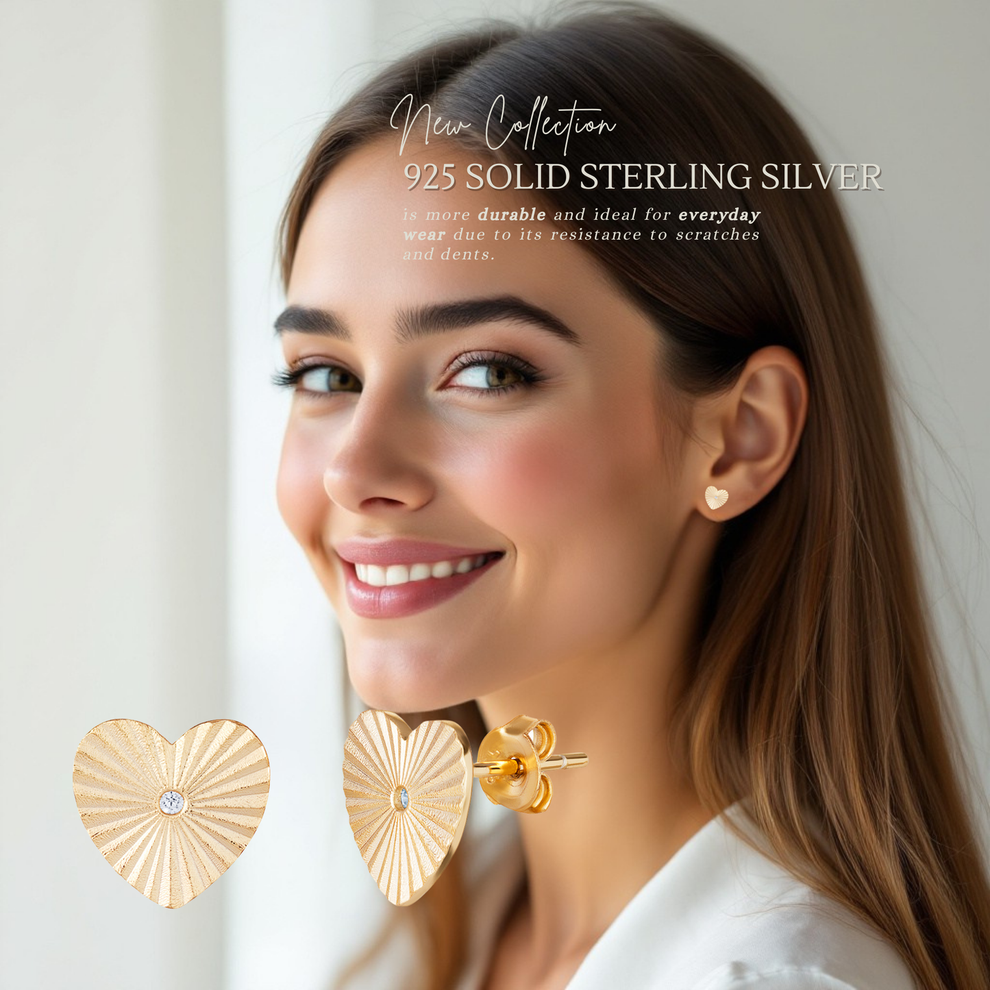 Sterling Silver Gold Plated Cubic Zirconia Heart Necklace and Stud Earrings Set