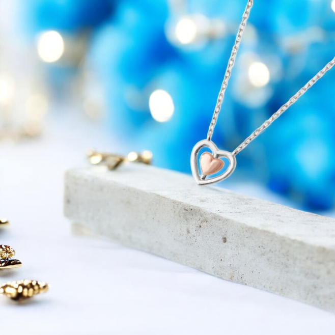 Sterling Silver Two Tone Double Love Heart Necklace S925 Hallmark