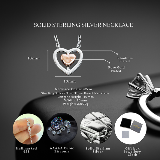 Sterling Silver Two Tone Double Love Heart Necklace S925 Hallmark
