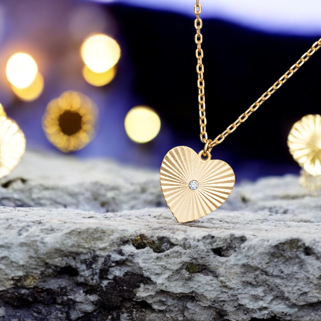Sterling Silver Gold Plated Cubic Zirconia Heart Necklace and Stud Earrings Set