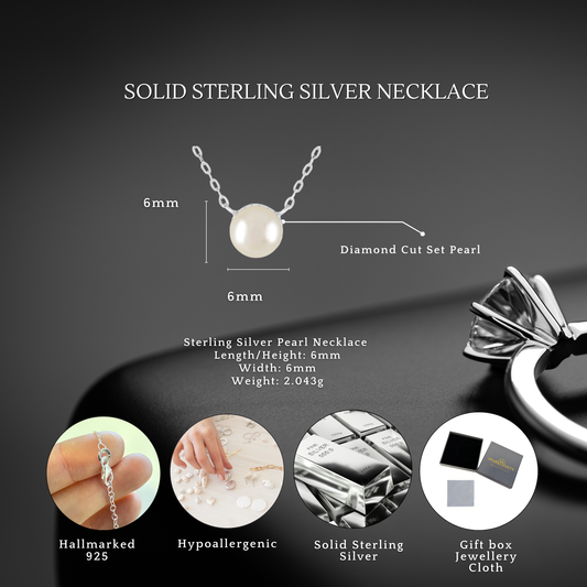 Sterling Silver Diamond Cut Set 6mm Pearl Necklace