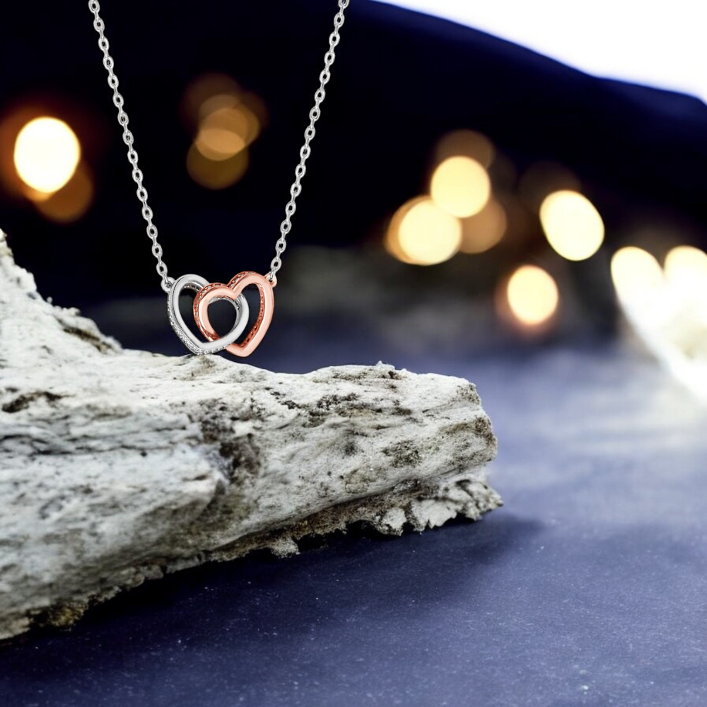 Sterling Silver Cubic Zirconia Rhodium Plated Two Tone Double Heart Necklace