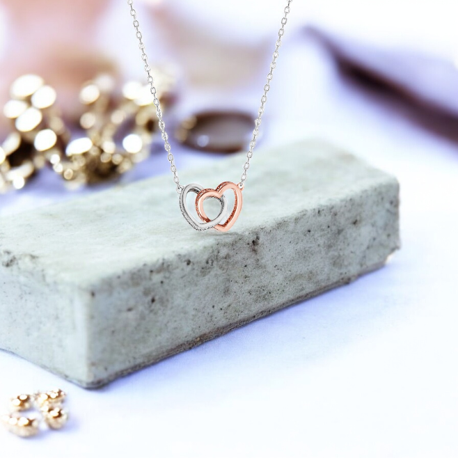 Sterling Silver Cubic Zirconia Rhodium Plated Two Tone Double Heart Necklace