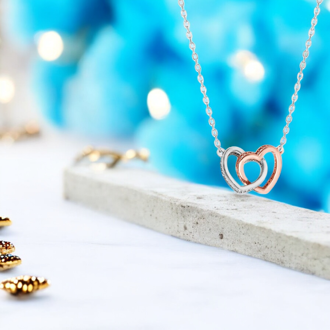 Sterling Silver Cubic Zirconia Rhodium Plated Two Tone Double Heart Necklace