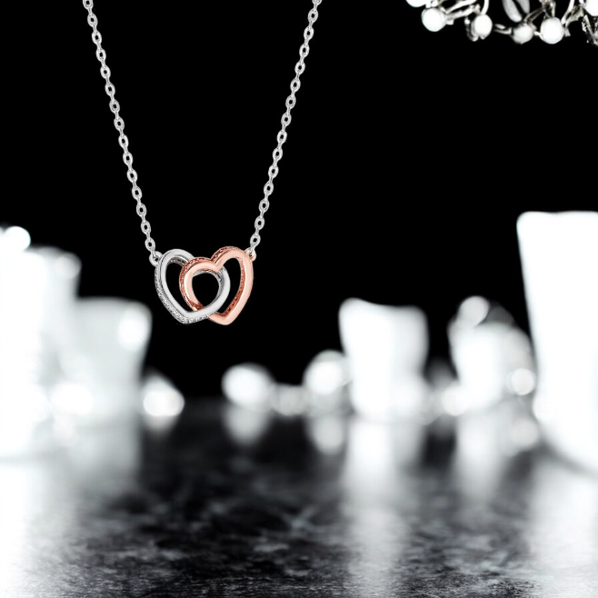 Sterling Silver Cubic Zirconia Rhodium Plated Two Tone Double Heart Necklace